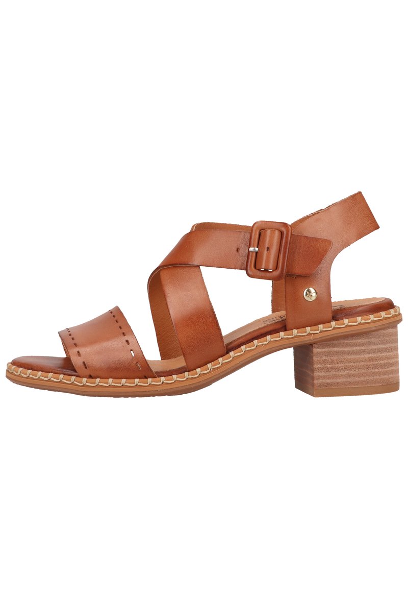 Tan leather sandal with two wide straps, adjustable buckle, and a block heel. Features decorative stitching along the sole.