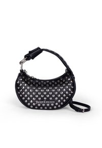 Borsa a tracolla in pelle nera con borchie argentate, forma rotonda, tracolla e chiusura con cerniera. Logo "Juicy Couture" in argento sul davanti.
