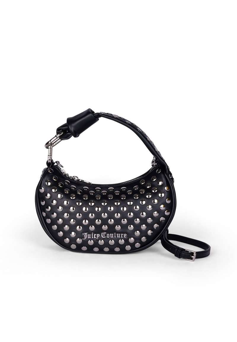 Borsa a tracolla in pelle nera con borchie argentate, forma rotonda, tracolla e chiusura con cerniera. Logo "Juicy Couture" in argento sul davanti.