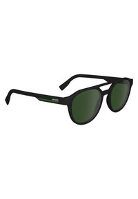 Ochelari de soare din plastic negru, cu lentile oglindă verzi, de formă ovală, și un accent verde subtil pe braț, având logo-ul Lacoste.