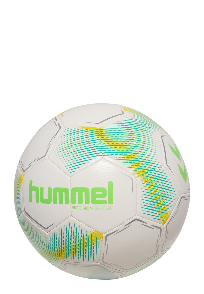 Pallone da calcio bianco con pannelli esagonali, caratterizzato da strisce e accenti verdi e blu, marchiato "hummel" e "PRECISION LIGHT 290."
