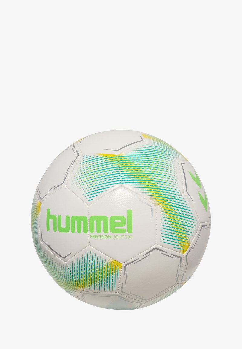Pallone da calcio bianco con pannelli esagonali, caratterizzato da strisce e accenti verdi e blu, marchiato "hummel" e "PRECISION LIGHT 290."