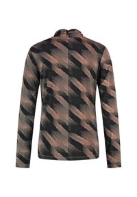 Langd렉pullover met een hoge kraag, voorzien van een zwart en bruin abstract patroon en een gladde, rekbare stof. Naaddetails zijn zichtbaar.