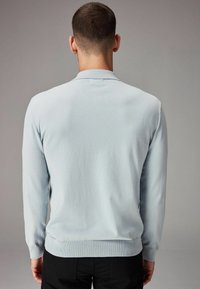 Lyseblå langærmet pullover, strikket tekstur, ribbede manchetter og linning, med en klassisk krave og en tætsiddende silhuet.