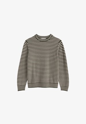 Gestreifter Pullover in Olivgrün und Creme. Rundhalsausschnitt, lange Ärmel, gerippte Bündchen und Saum, weiche, gestrickte Textur, legere Passform.