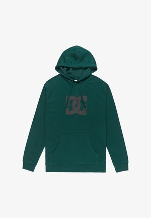 Sweat à capuche vert foncé en tissu doux, avec une poche kangourou et un grand logo DC noir imprimé sur le devant. Comprend des cordons de serrage réglables.