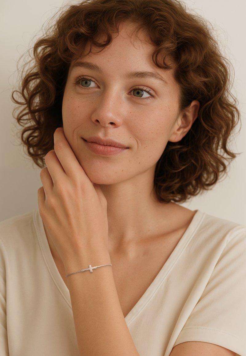 Bracciale in argento con un charm a forma di croce su una catena delicata, indossato al polso di una donna. Il bracciale presenta una finitura liscia e un design minimalista.