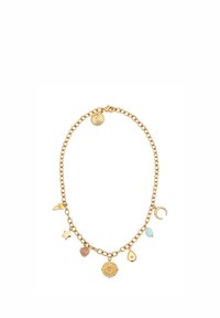 Collana in oro con catena caratterizzata da molteplici charm: un sole, un cuore, una stella, una goccia, una luna crescente e una forma triangolare con pietre.