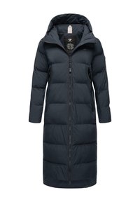 Dolga temno modra puffer jakna s kapuco, z sprednjim zadrgo, dvema stranskima žepoma in prešito strukturo za izolacijo.