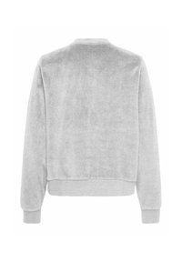 Grauer Samtpullover mit rundem Kragen, gerippten Bündchen und einem verkürzten Saum, der eine weiche Textur und ein minimalistisches Design aufweist.