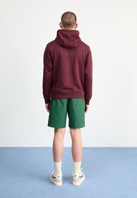 Moletom marrom com gola alta, calções verdes, meias brancas e sapatilhas cor-de-rosa com detalhes verdes, vistas de trás contra um fundo simples.
