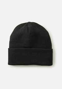 Gorro de punto negro con un dobladillo, con una textura suave y un diseño simple y clásico. Adecuado para varios atuendos informales.