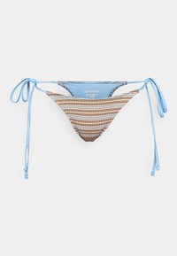 Bikini-bunn med justerbare lyseblå bånd, med et brunt geometrisk mønster og en glatt tekstur. Logoen vises inne i midjebåndet.