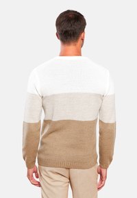 Pull en maille présentant un design texturé avec un motif bicolore en tons blancs et beiges, col rond et ourlet ajusté.