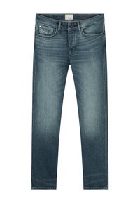 Jeans de denim pentru bărbați, de culoare albastră, cu un aspect decolorat; design drept, stil cu cinci buzunare, abateri subtile pe față și cusături întărite.