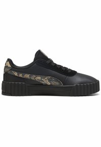 Schwarzer Sneaker mit einem synthetischen Obermaterial, strukturierten Schlangenmusterakzenten in Beige, dicker, gerippter Sohle und schwarzen Schnürsenkeln.