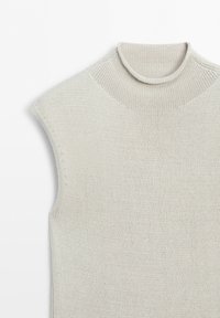Light gray knitted sleeveless top with a small, rolled mock neck collar laid flat on a white background.