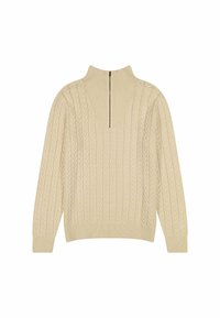 Beżowy sweter z splotem w warkocze, z wysokim kołnierzem i pół-zamkiem na plecach. Rybaczane mankiety i dół podkreślają fakturowany design.