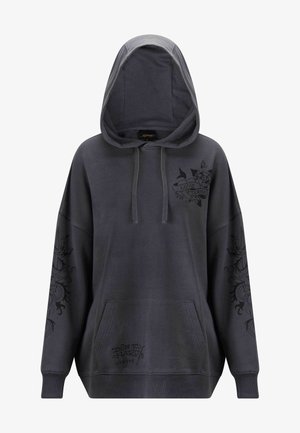 Svetřík s kapucí v barvě uhlově šedé, s přední kapsou. Obsahuje dekorativní černé grafiky na rukávech a levém prsu. Materiál z bavlněné směsi.