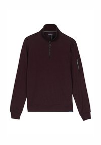 Bordeaux half-zip trui van zachte stof. Lange mouwen, geribbelde manchetten en een met rits afsluitbare zak op de linkermouw. Glad textuur.