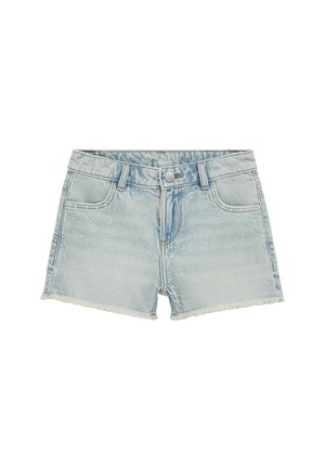 Svetlomodré denimové krátke nohavice s orezaným lemom, predným gombíkom, vreckami a jemnou ozdobou z brúsených kamienkov.