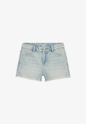 Short en denim bleu clair avec ourlet effiloché, bouton sur le devant, poches et légères décorations en strass.