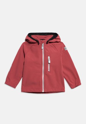 Giacca rossa per bambini con cappuccio, con cerniere bianche frontali e sul petto, polsini elastici e fodera interna nera sul cappuccio.