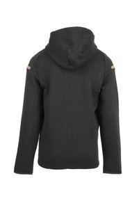 Sudadera negra con un acabado texturizado, que presenta una capucha con cordón, mangas largas y detalles en beige en las costuras de los hombros.