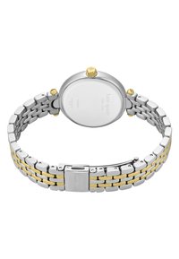 Zilveren en goudkleurige bicolor metalen horloge met een ronde kast, platte achterkant en een gepolijste armband met vierkante schakels en een veilige sluiting.