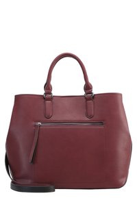 Bordeaux leren tote bag met twee korte handgrepen, een afneembare schouderriem en een voorvak met rits. Zachte textuur, minimalistisch ontwerp.