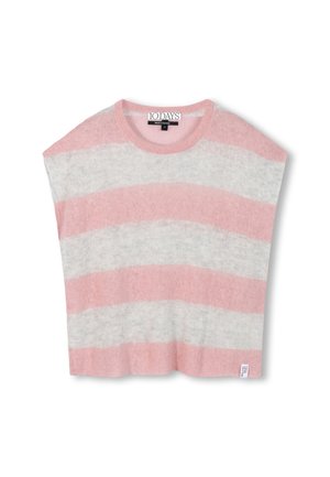 Kortærmet, løs pasform top i blød strik, med skiftende lyserøde og grå striber. Rundet halsudskæring med mærke tag i kanten.