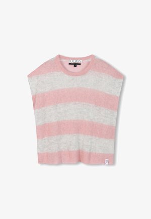 Korte mouwen, losse top in een zachte brei, met afwisselende lichtroze en grijze strepen. Ronde halslijn met een label van het merk aan de zoom.