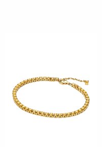 Goldfarbener Armreif mit quadratischen Gliedern und eingelassenen gelben Steinen, gesichert mit einem Karabinerverschluss und verstellbarer Kette für den perfekten Sitz.