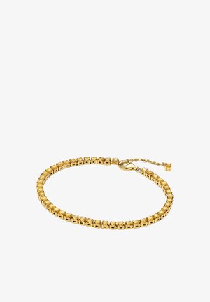 Goldfarbener Armreif mit quadratischen Gliedern und eingelassenen gelben Steinen, gesichert mit einem Karabinerverschluss und verstellbarer Kette für den perfekten Sitz.