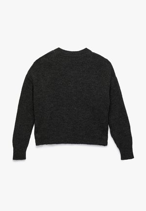 Tummanharmaa neulepusero, jossa on röyhelötekstuuri, pyöreä pääntie ja pitkät hihat. Sisältää lyhyen pituuden ja rentoa istuvuutta.