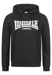 Fekete kapucnis pulóver pamut keverékből. Jellemzője a fehér "Lonsdale London" logó, elülső kenguru zseb és elasztikus mandzsetta.