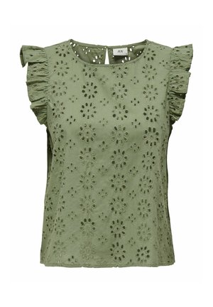 Haut en coton vert olive avec un design à œillets floraux, col rond et manches décoratives à volants. Forme en A avec un ourlet en bas.