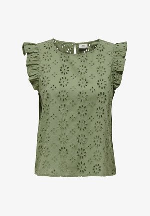 Olivenfarget bomullstopp med blomstrete perforert design, rund hals og dekorative volangermer. A-linjeform med nedbrettede kanter.