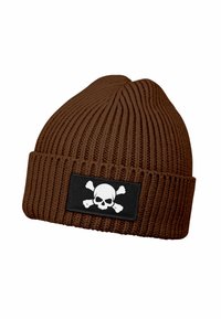 Brown beanie hat with ribbed texture, featuring a black patch displaying a skull and crossbones design.