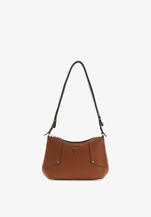 Borsa a tracolla in pelle marrone con tracolla regolabile nera e cerniera dorata, con logo triangolare Guess USA sulla parte anteriore.