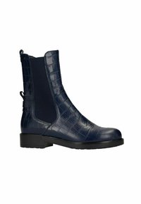 Navy blauwe enkelboots met krokodillenstructuur, elastische zijpanelen en een trekhaak. Flat zwarte zool, ronde neus en een slank ontwerp.