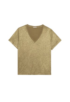 V-hals kortemouw t-shirt in metallic goud, gemaakt van textuurstof met een losse pasvorm en minimale naden. Glad, ondiep zoom.