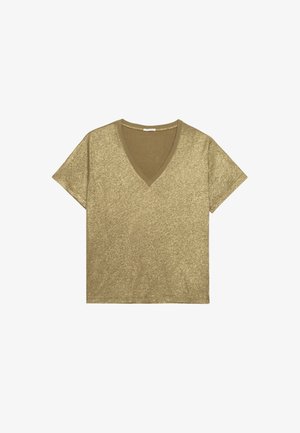Camiseta de manga corta con escote en V en dorado metálico, hecha de una tela texturizada con un corte relajado y costuras mínimas. Dobladillo suave y poco profundo.