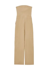 Beige, trägerloser Jumpsuit aus glattem Stoff. Hat ein weites Bein-Design, seitliche Taschen und ein eng anliegendes Oberteil mit geradem Ausschnitt.