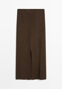 Bruine midi rok van een wolmix, rechte snit met een split aan de voorkant, discrete ritssluiting aan de achterkant, soepele textuur, minimalistisch ontwerp.