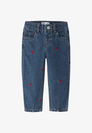 Modré detské rifle s červenými motívmi lienok, elastickým pásom, prednými vreckami a zapínaním na kovový gombík.