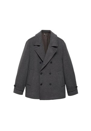 Double-breasted gray wool coat with wide lapels, two front pockets, and buttoned cuffs. Smooth fabric with a soft inner lining.