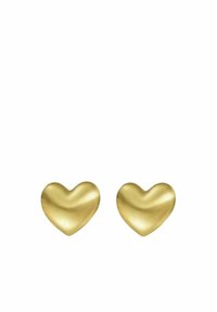 Orecchini a forma di cuore in oro con una finitura liscia e lucida, caratterizzati da un design leggermente curvato. Ogni orecchino ha una forma compatta e simmetrica.