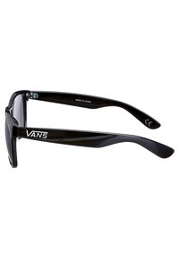 Black rectangular sunglasses with a glossy finish, featuring thick frames, slightly curved temples, and the Vans logo in white on the side.