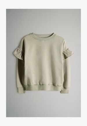 Sudadera gris claro con cuello redondo y mangas cortas con volantes. Hecha de tela suave con puños y dobladillo acanalados.